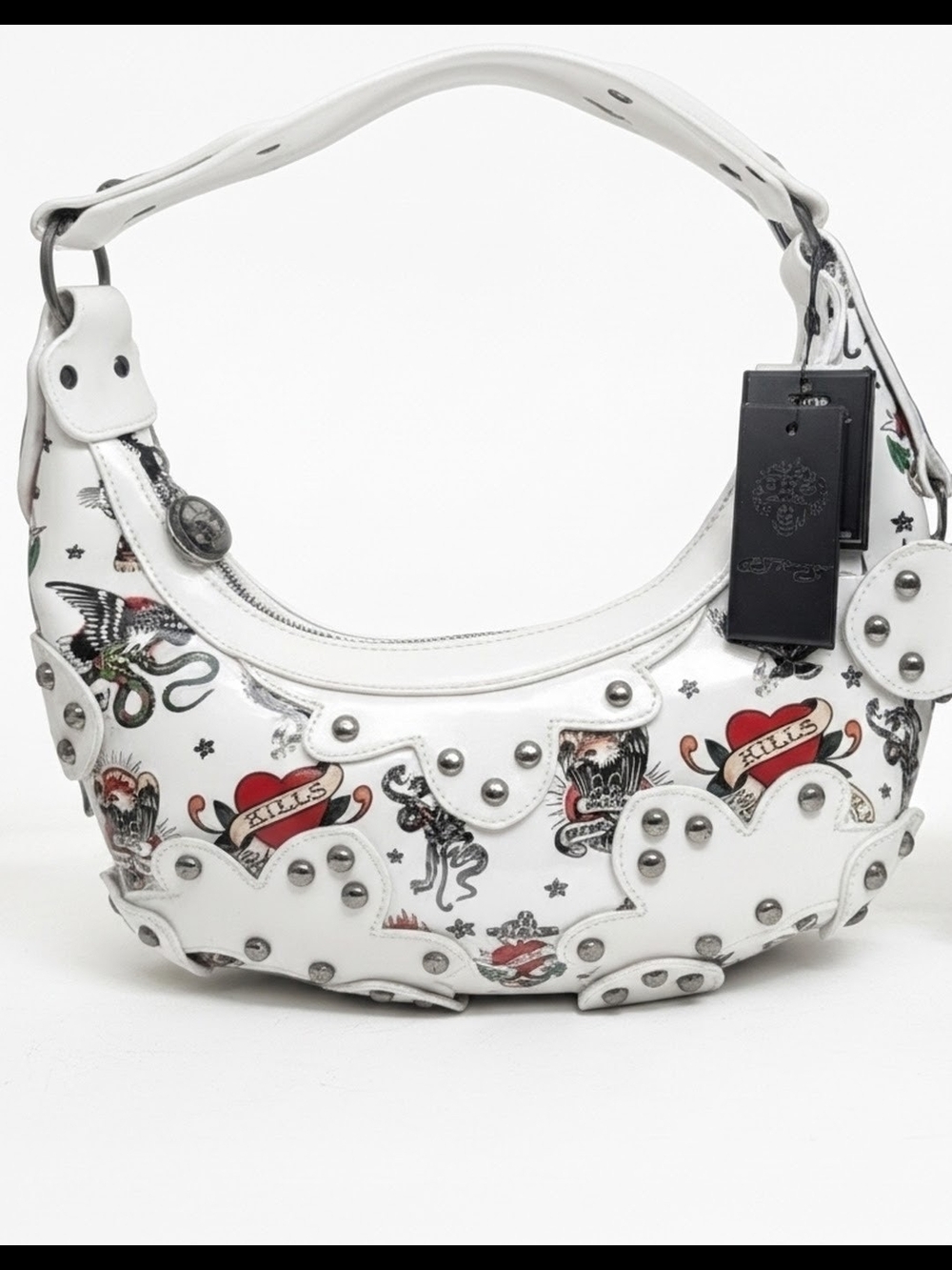EdHardy White Tattoo-Print Studded Hobo Bag